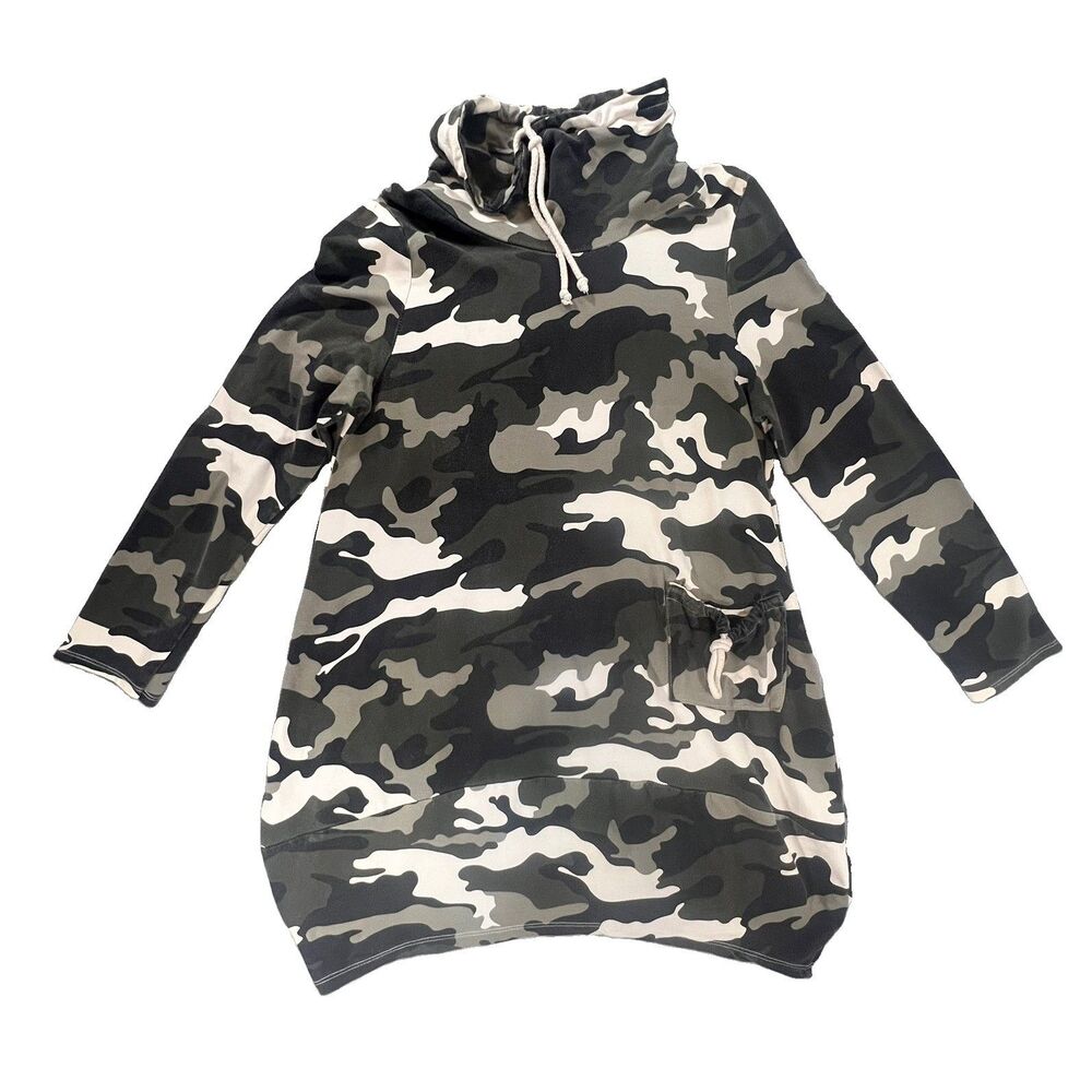 Kaktus Camo Cowl Neck Tunic Dress Sz S/M Long sleeve Cotton Knit Mini Streetwear